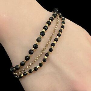 Black & Gold Multi-Layered Beaded Bracelet With Chain Accent & Lobster Clasp